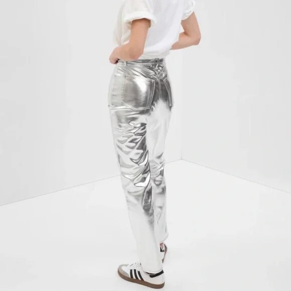 GAP High Rise Vegan Leather Cheeky Straight Pants Silver Size 28 Tall - Picture 2 of 9